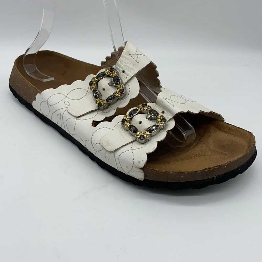 Birkenstock Betula White Slides Rhinestone Buckle Size 11 narrow